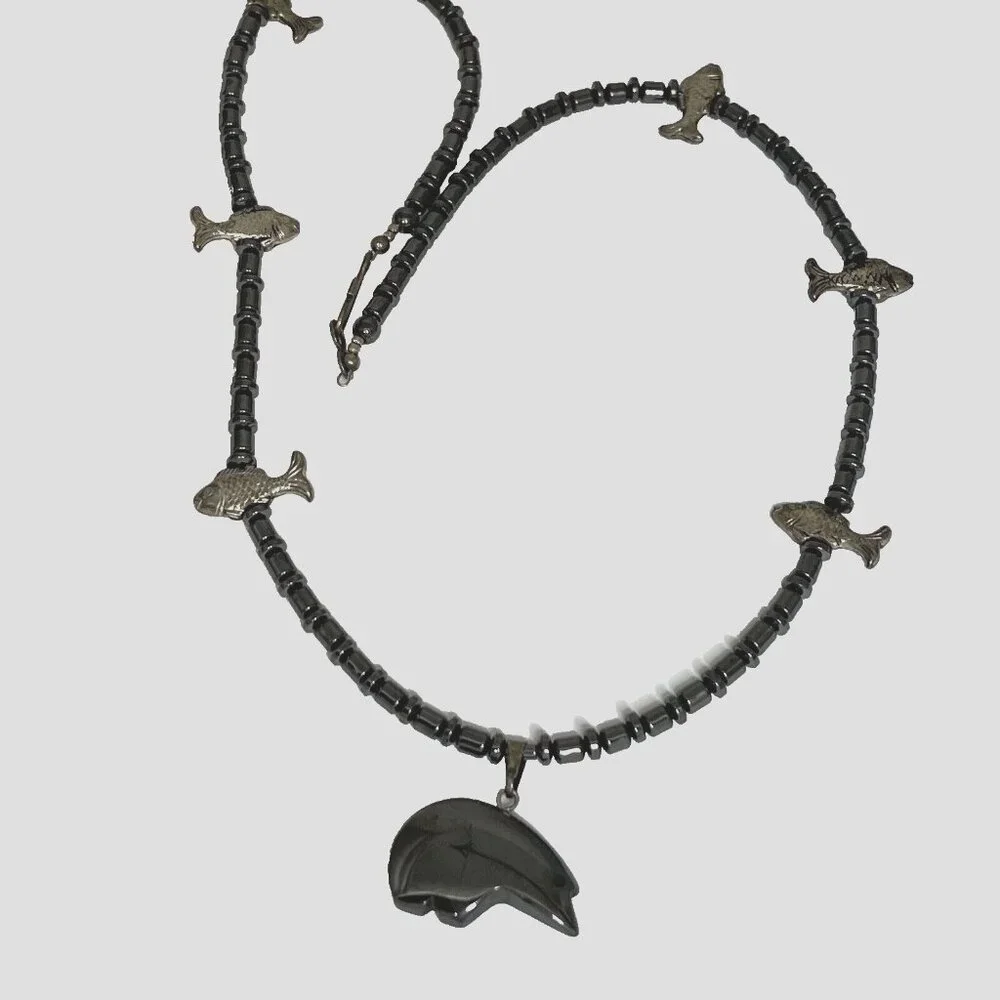 Southwest Hematite Native Fetish Bear w Fishes Set Necklace, Drop Earrings 21" L - Picture 4 of 7